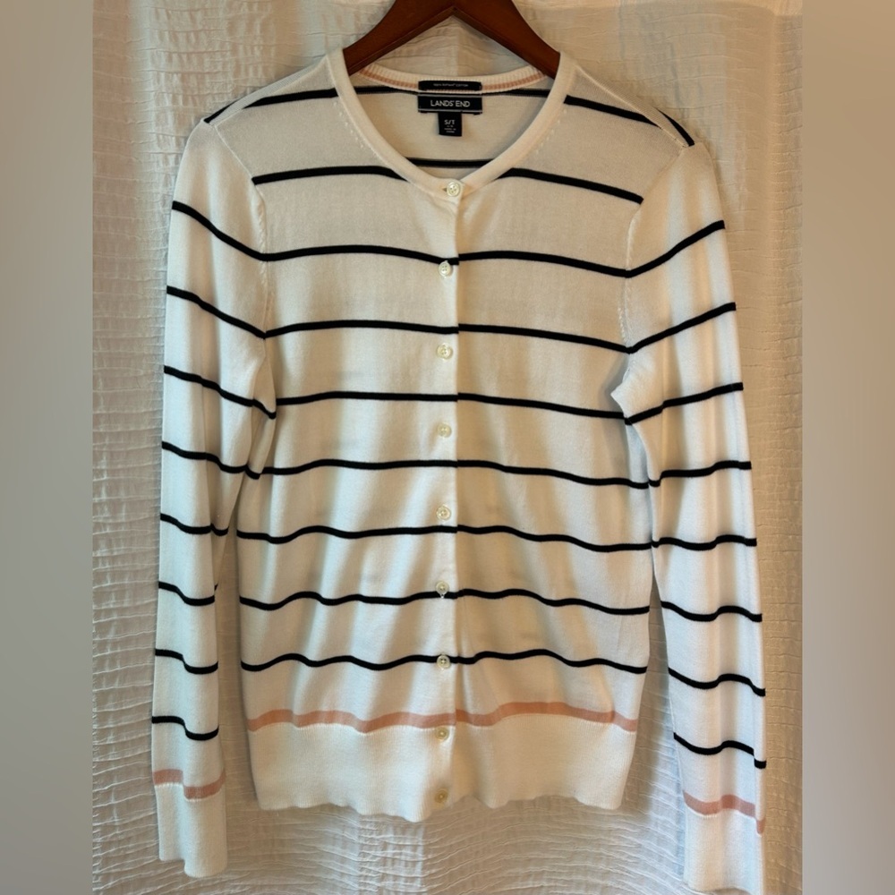 Lands' End Cream Cardigan with Black Stripes and Pink Accent